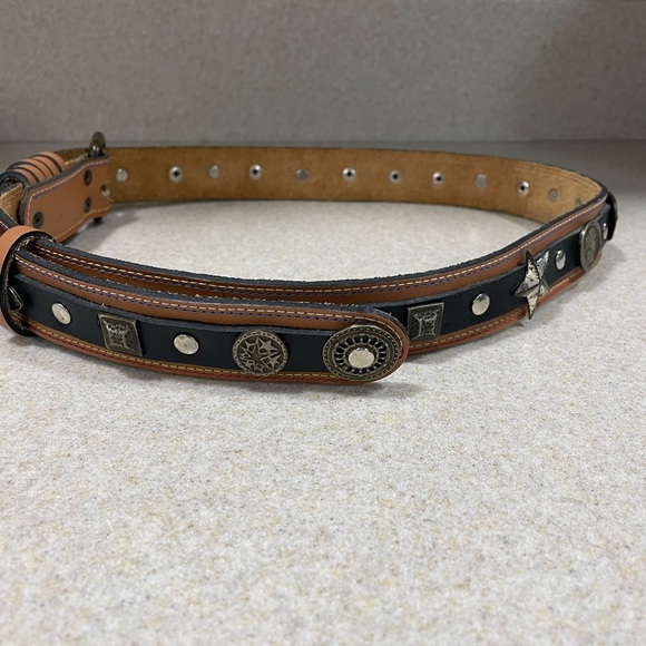Leather Waist Belt Metal Rivet Studded Waistband Coins Stars Squares 30-35” EUC - Picture 5 of 8